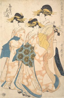 The Oiran Hanaogi of Ogiya attended by Two Shinzo and Her Kamuro Yoshino, ca. 1806. Creator: Utamaro II.