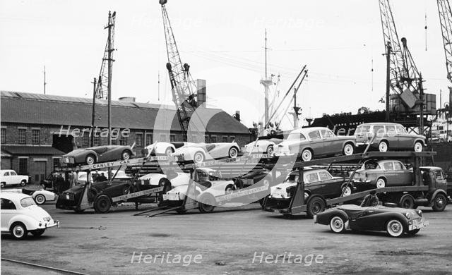 Cars for export at Cardiff docks 1958. Creator: Unknown.