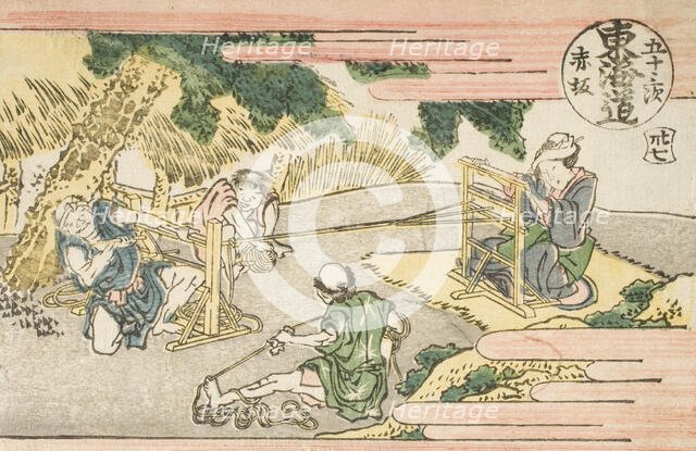 "Akasaka (numbered 37)"; Fujikawa (numbered 38) (image 4 of 4), c1802. Creator: Hokusai.