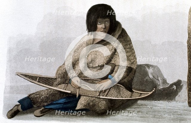 Copper Indian girl mending snow shoe, 1823. Artist: John Franklin