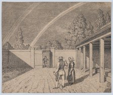 A couple conversing in a stable yard, with a double rainbow overhead, from 'Linear Perspec..., 1841. Creator: CW Eckersberg.