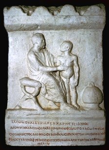 Roman relief of a doctor inspecting a youth. Artist: Unknown