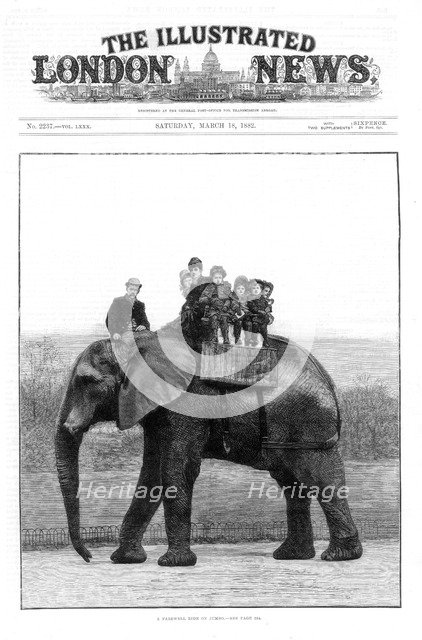 'A Farewell Ride on Jumbo', London Zoo, 1882. Artist: Unknown