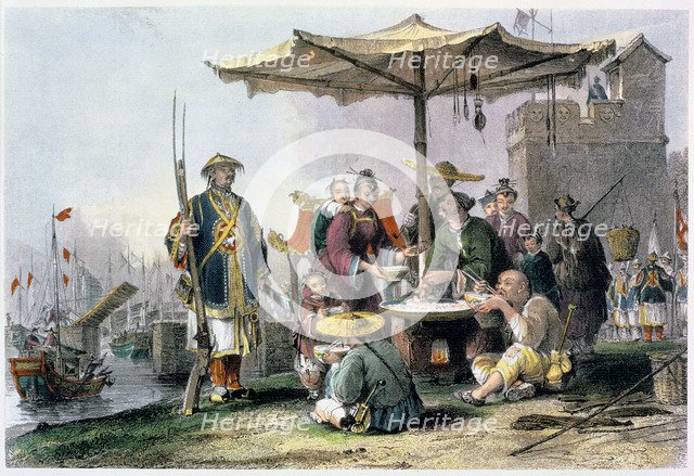 'Rice Sellers at the Military Station of Tong-Chang-Too', China, 1843. Artist: Thomas Allom