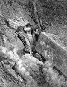 Dante and Virgil at the edge of the abyss from which a foetid smell steamed up, 1863. Artist: Gustave Doré