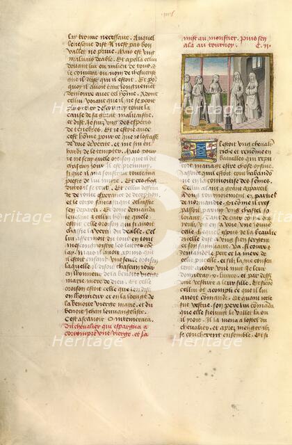 A Young Nobleman Leaving a Young Woman in the Care of an Abbess; Miroir Historial, about 1475. Creator: Unknown.