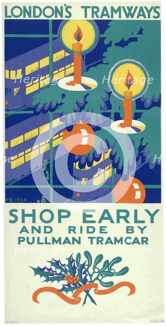 'Shop Early and Ride by Pullman Tramcar', London County Council (LCC) Tramways poster, 1930. Artist: Freda Beard