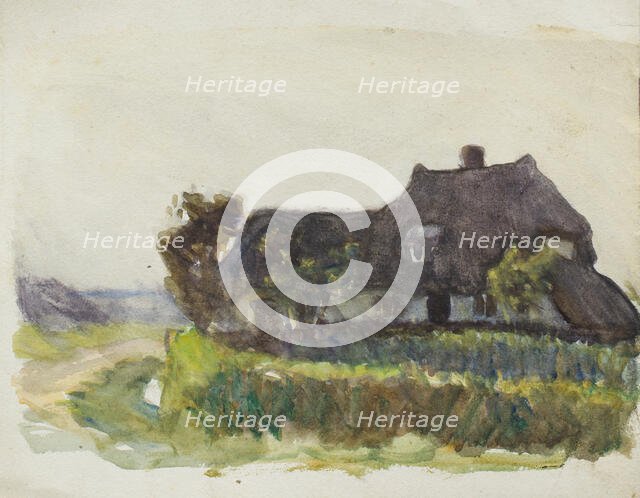 Study of a thatched cottage beside a lane, c1875-1944. Creator: George Clausen.