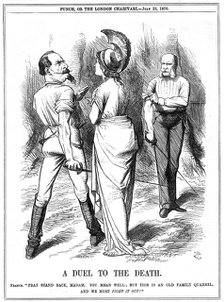 Britannia trying to restrain Napoleon III from embarking on war with Germany, 1870. Artist: John Tenniel