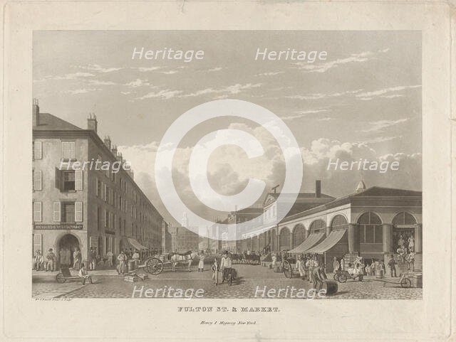 Fulton Street and Market, New York, 1834. Creator: William James Bennett.