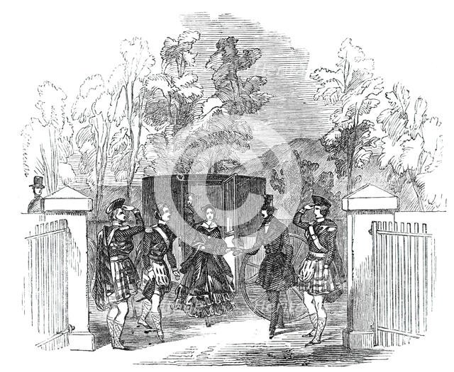 Her Majesty and Prince Albert alighting at Blair Athol Church, 1844. Creator: Ebenezer Landells.