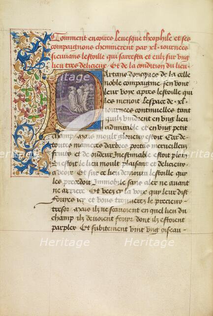 Initial P: Bishop Theophilus and His Companions Following a Star for Forty Days, about 1465-1470. Creators: Master of the Brussels Romuléon, Workshop of the Master of the Brussels Romuléon.