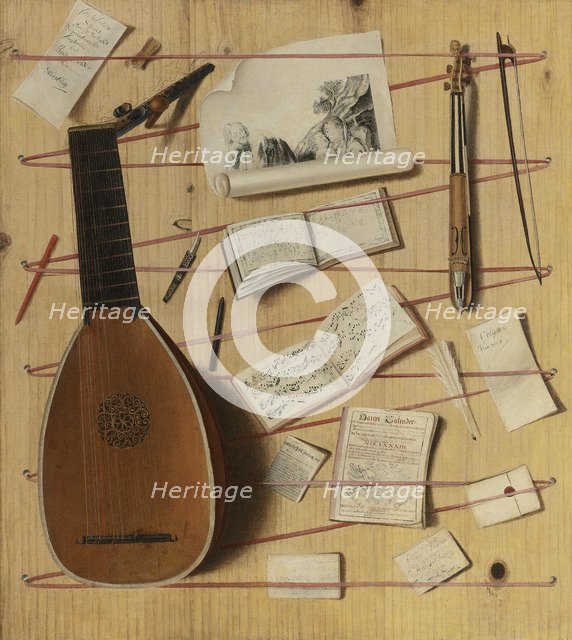 Trompe l'oeil still life with a lute, rebec and music sheets. Artist: Gijsbrechts, Cornelis Norbertus (before 1657-after 1675)