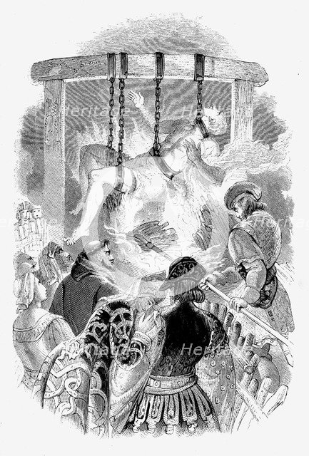 John Oldcastle, Lollard leader, hung and burnt hanging for denying transubstantiation, 1417(1848). Artist: Unknown