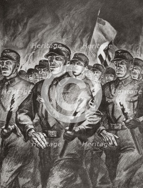 The historical torchlight procession of the SA in Berlin, 30th January, 1933. Artist: Unknown
