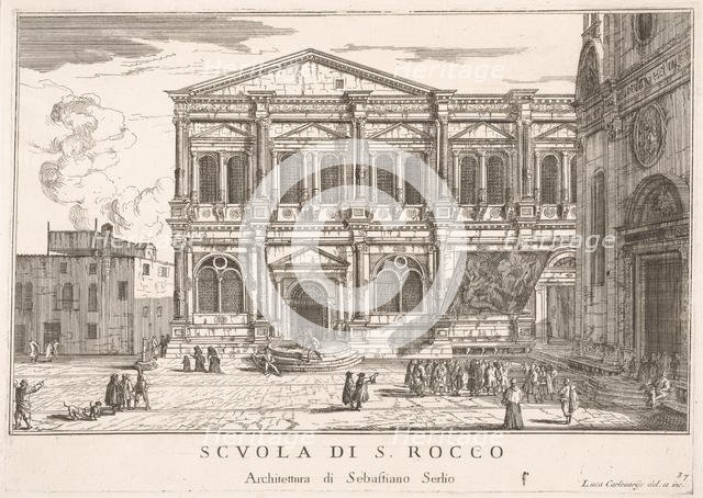 Plate 37: Side view of the school of St. Roch at left and view of facade of the church of ..., 1703. Creator: Luca Carlevarijs.