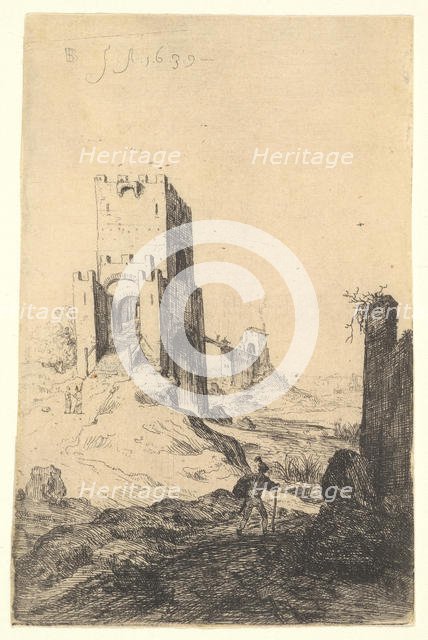 View of Ponte Mammolo, a bridge in the background, a tower with ramp in the middle ground..., 1639. Creator: Bartholomeus Breenbergh.