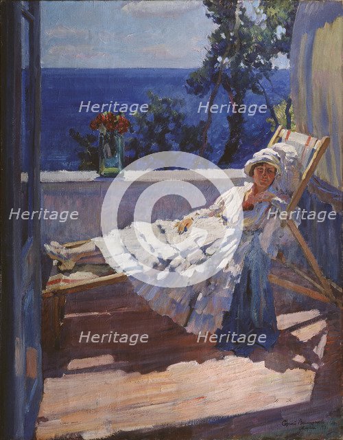 A lady on the balcony, 1916. Artist: Vinogradov, Sergei Arsenyevich (1869-1938)