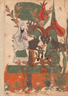 The Fox and the Battling Rams Observed by the Ascetic, Folio from a Kalila wa Dimna, 18th century. Creator: Unknown.