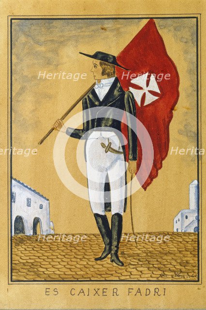 Es Caixer Fadri, colored engraving, character of the feasts of St. John in Ciutadella, plays a ke…