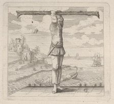 The letter T standing on a pier holding a tree trunk, 18th century., 18th century. Creator: Anon.