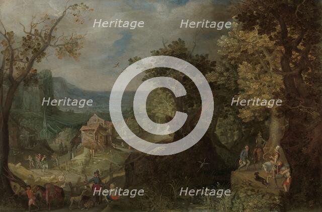 Hunter and Horsemen on a Wooded Road, with a Village in a Valley beyond, 1608. Creator: Anton Mirou.