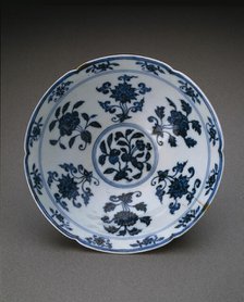 Lobed Conical Bowl with Peonies, Loquat, Pomegranate,..., Ming dynasty, Xuande reign (1426-1435). Creator: Unknown.