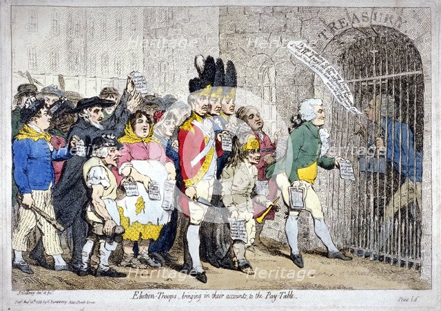 'Election-troops, bringing in their accounts, to the pay-table', 1788.           Artist: James Gillray