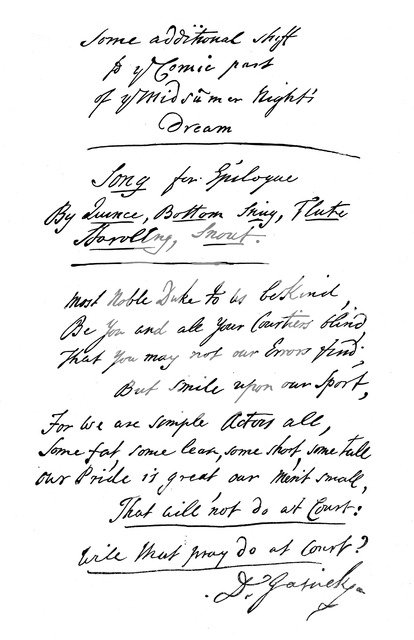 Additions to Shakespeare's A Midsummers Night's Deam by David Garrick, 18th century, (1840). Artist: David Garrick