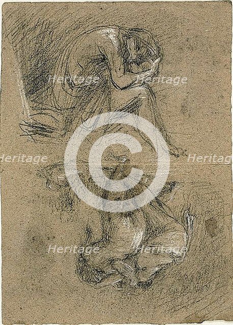 Sketches: Seated Man with Head in Hands and Two Figures Bendin..., 1847/75 (recto); 1863/64 (verso). Creator: Jean-Baptiste Carpeaux.