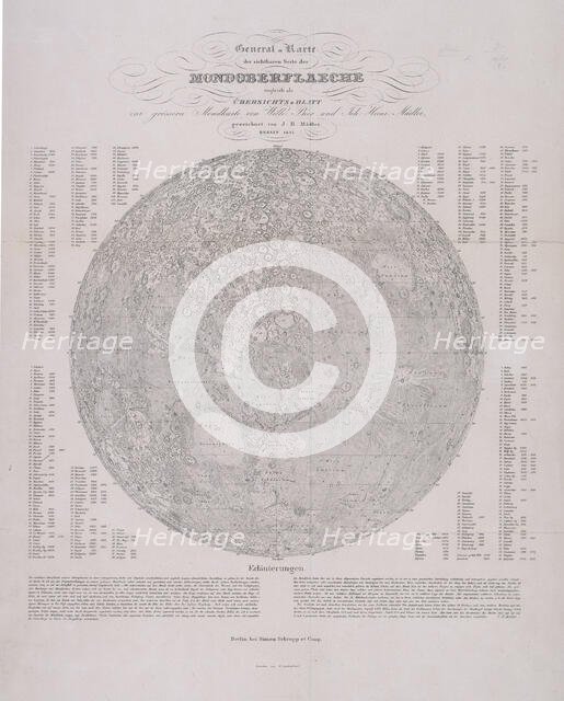 Map of the Moon with tables, 1837. Creators: E Leidenfrost, Unknown.