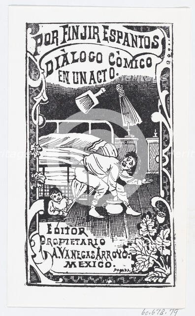 A man sitting on a bed being poked with a broom by someone under the bed, illustr..., ca. 1880-1910. Creator: José Guadalupe Posada.