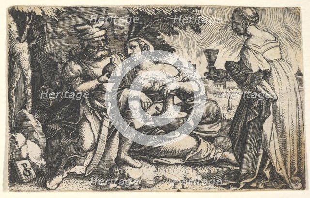 Lot and his daughters: a daughter at center rests her right arm on Lot's knee and a ve..., ca. 1531. Creator: Georg Pencz.