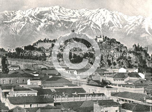The hill of Santa Lucia with the Andes in the background, Santiago, Chile, 1895.  Creator: Unknown.