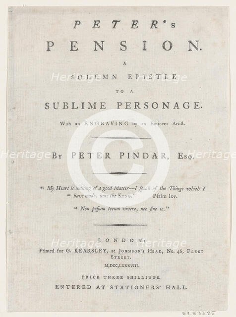 Title page, from Peter's Pension by Peter Pindar, Esq., 1787. Creator: George Kearsley.