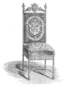 Art Collections in the South Kensington Museum: steel chair, with arms of Anne of Denmark, 1869. Creator: Unknown.