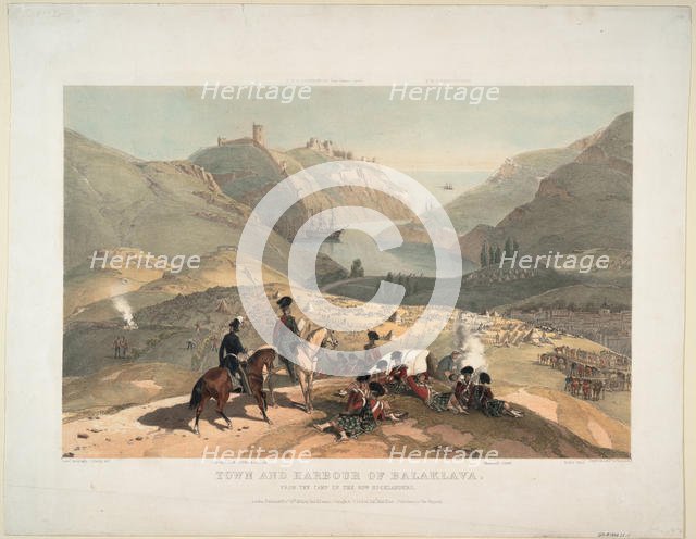 Town and harbour of Balaklava from the camp of the 93rd Highlanders, 1854. Artist: O'Reilly, Montagu, Lt., British Army (active ca. 1855)