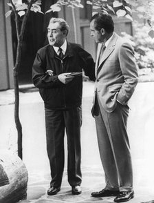 Soviet leader Leonid Brezhnev and US President Richard Nixon at Camp David, Maryland, 1973. Artist: Unknown