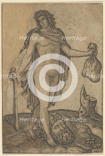David standing, sword in lowered right hand, sack in the left, the head of Goliath on ..., ca. 1506. Creator: Marcantonio Raimondi.