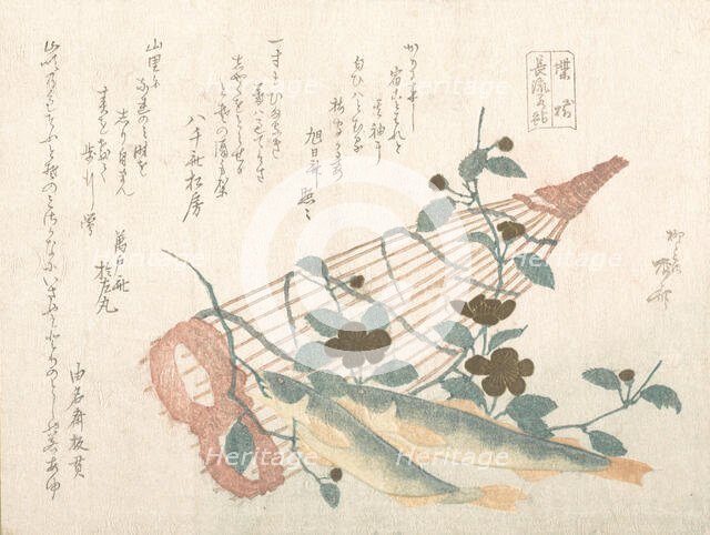 Sweet Fishes of the Nagara River, with Baskets and Flowers, 19th century., 19th century. Creator: Shinsai.