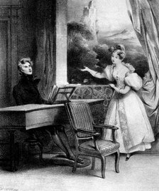 Pianist at the keyboard accompanying a lady singing, 19th century. Artist: Unknown