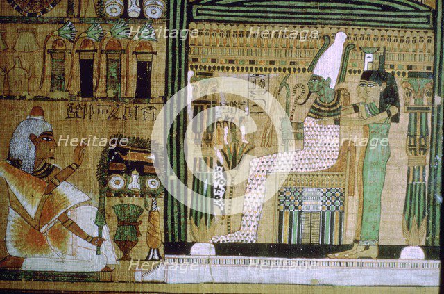 Egyptian Book of the Dead of the deceased kneeling before the gods of the underworld. Artist: Unknown