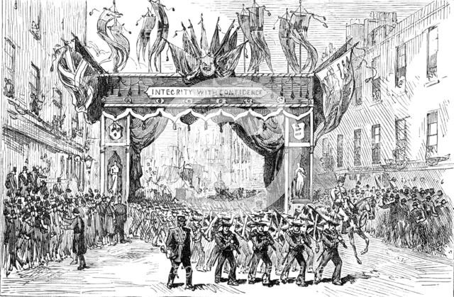 The Lord Mayor's Procession: Arch in London Wall - boys of the Warspite training-ship, 1881. Creator: Unknown.