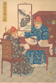 Two Chinese Scholars Practicing Calligraphy in Their Studio, ca. 1840., Creator: Unknown.