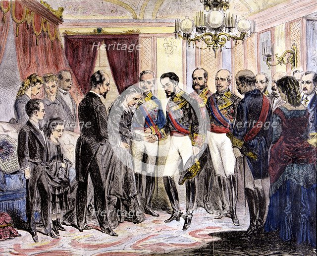 Amadeo of Savoy gives his condolences to the Duchess of Prim in the Buenavista Palace on January …