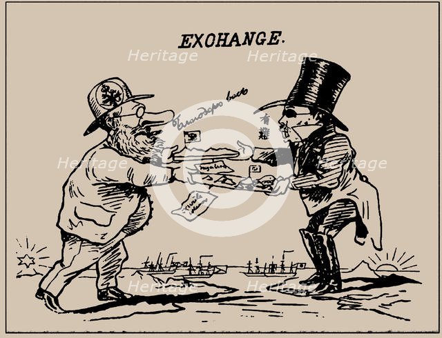 Exchange. The Japan Punch, August 1875, 1875. Creator: Wirgman, Charles (1832-1891).