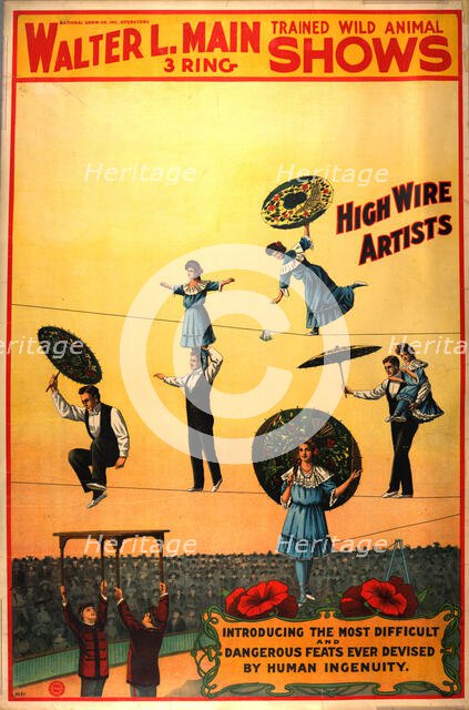 Walter L. Main 3 ring trained wild animal shows circus poster, c1890 - 1904. Creator: Riverside Print Co.