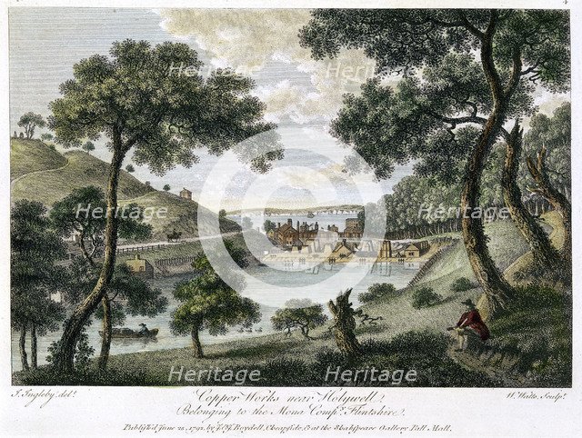 Copperworks near Holywell, Flintshire, Wales owned by the Mona Company, 1792. Artist: William Watts