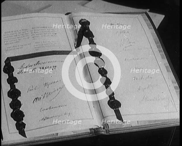 The Kellogg Briand Pact Book with Signatures, 1929. Creator: British Pathe Ltd.