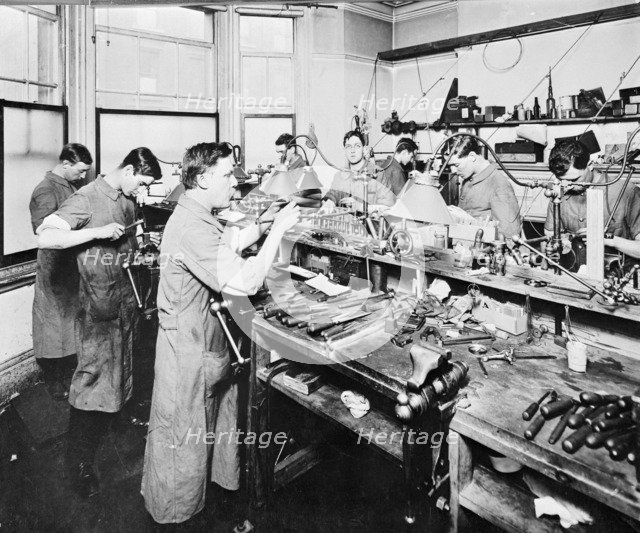 Glass lens manufacturing workshop, 1910. Artist: Unknown